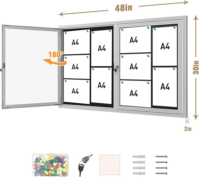 48"x30" Enclosed Bulletin Board, Outdoor Lockable Weather-Resistant Aluminum Cork Noticeboard for School & Office, Silver Frame w/Black Flet