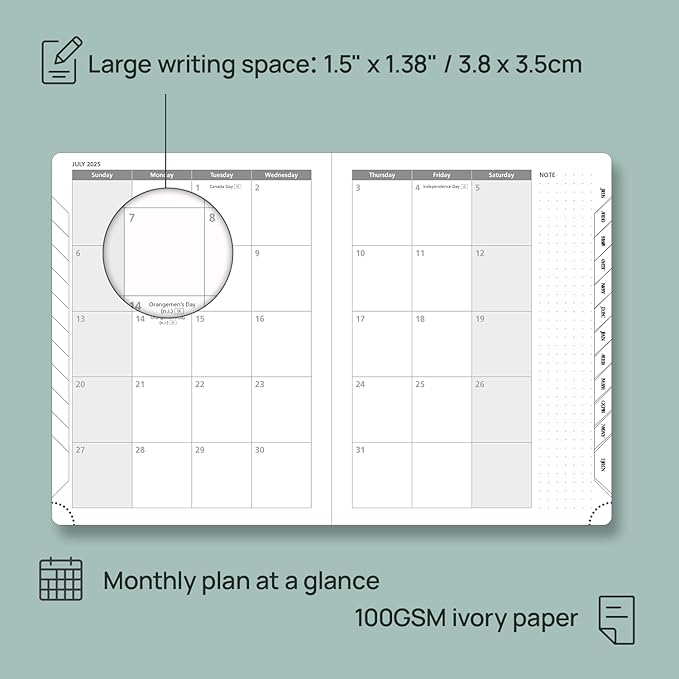 POPRUN Planner 2025-2026, (Medium 6.5'' x 8.5'' Hard Cover) Academic Calendar (July 25-June 26) Daily Weekly and Monthly Appointment Book with Hourly Time Slots, Monthly Tabs, 100 GSM - Pacific Green