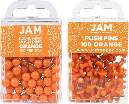 JAM PAPER Colorful Push Pins - Flat & Round Head Thumb Tack Combo Set - Orange Pushpins - 200/Pack