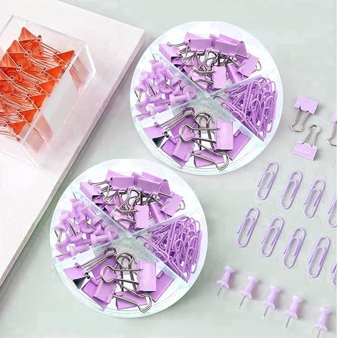 Purple Paper Clips and Binder Clips Set, 216 pcs, Metal Assorted Sized Binders with Push Pins, Cute Office Supplies for Desk, Durable Desk Accessories, 3 Pack