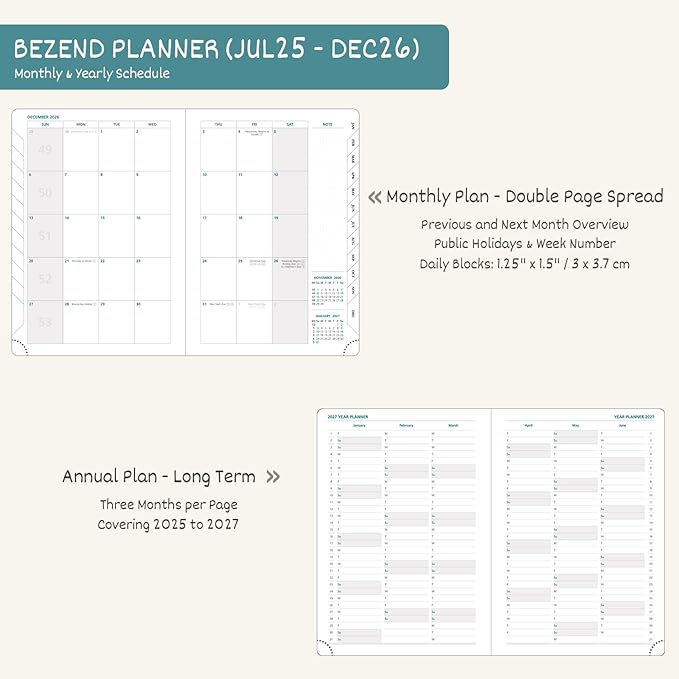 BEZEND Planner 2025-2026 Weekly and Monthly, 5.8" x 8.5" Academic Calendar (Jul 25-Dec 26) Vertical Daily Appointment with Hourly Timeslot & Monthly Tab, PU Leather Hardcover - Sky Blue