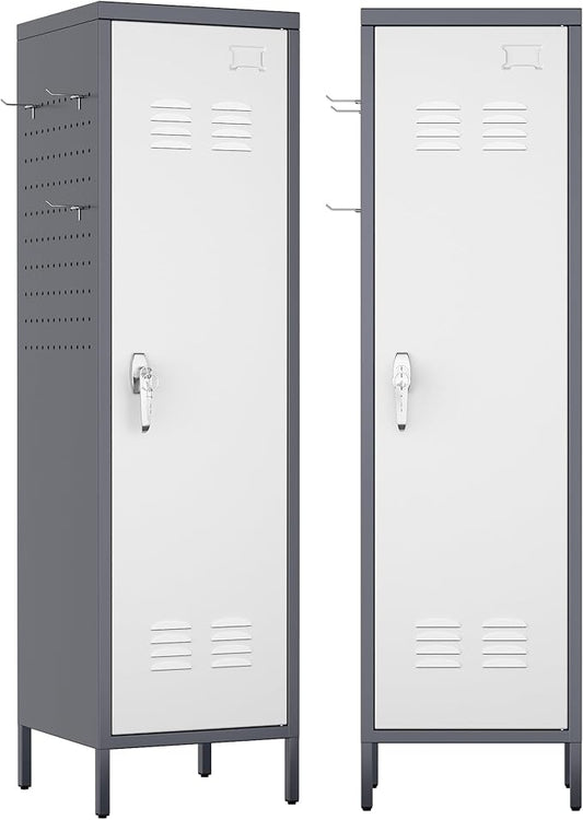 Aobabo Metal 54" H Metal Storage Locker for Employees, Lockable 1 Door with Towel Rack and 2 Side Pegboards with Hooks for Home School Office Gym, Assembly Required (Gray White)
