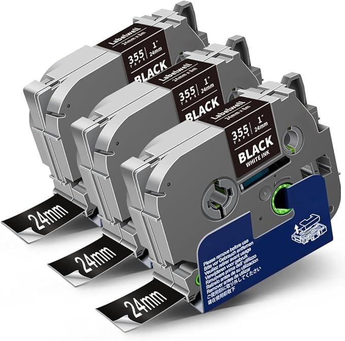 24mm 0.94 Laminated White on Black Compatible with P Touch Label Tape TZe-355 TZe355 TZ355 Refills for Ptouch PT-D600 PT-D600VP PT-D610BT, 1 Inch x 26.2 Feet, 3-Pack