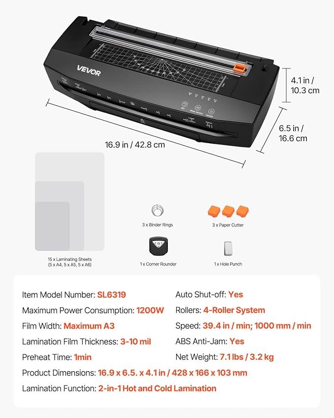 VEVOR Laminator Machine, Cold and Hot Laminator for Max A3 Paper Size, 1 min Quick Warm Portable Laminator, 3-10 mil Thickness, Ideal for Home, Office, Business, or School Supplies, Black