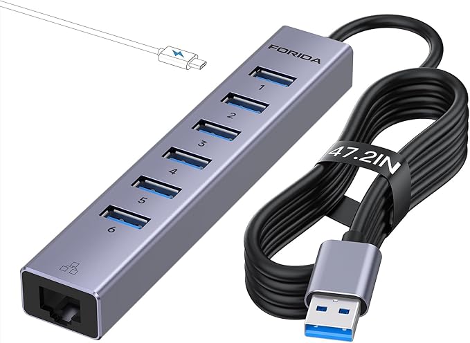 7 Port USB Hub USB Ethernet HUB with 3.9ft Long Cable for Laptop, USB Splitter with Gigabit Ethernet Port and 5V/3A Power Port, MultiPort Aluminum Expander for Laptop, iMac, PC, Flash Drives