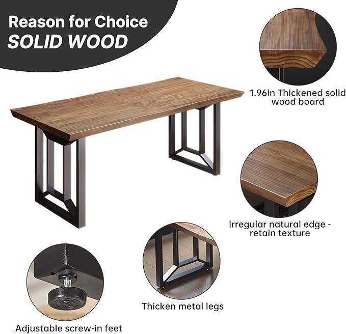 Solid Wood Computer Desk Study Office Desk 55" Writing, Modern Simple Style PC Table, Black Metal Frame, Solid Wood Planks 55" D x 27" W x 29" H for Home Office Bedroom,Rustic Brown