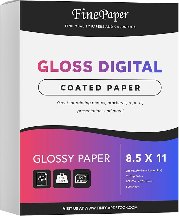8.5x11 Gloss Digital Paper, Perfect for Color Laser Printing, Design Proposals, Flyers, Brochure, 8.5 x 11” Letter Size, 80lb Text (32lb Bond) 96 Bright, Acid Free, Glossy Coated Finish | 500 Sheets