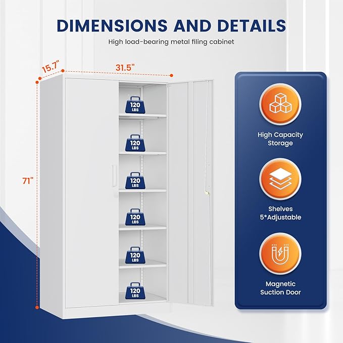 Yizosh Metal Garage Storage Cabinet with 2 Doors and 5 Adjustable Shelves - 71" Steel Lockable File Cabinet,Locking Tool Cabinets for Office,Home,Garage,Gym,School (White)