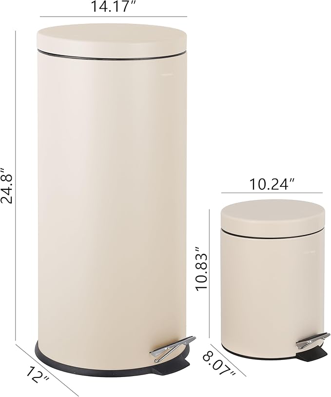 happimess HPM1000E Oscar 8-Gallon Step-Open Trash Can with Free Mini Trash Can, Modern, Fingerprint Proof for Home, Kitchen, Office, Large:7.9 Gallon Small:1.3 Gallon, Limestone Beige