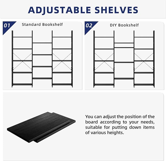 NUMENN Triple 5 Tier Bookshelf, Wide Book Shelf with 14 Open Display Shelves, Modern Tall Bookcase Furniture for Living Room Home Office, Black