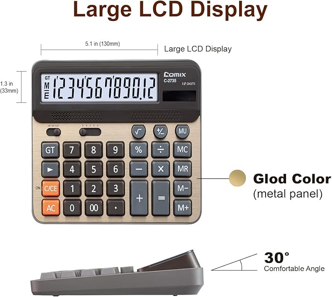 Comix Desktop Calculator, Large Computer Keys, 12 Digits Display, Champaign Gold Color Panel, C-2735