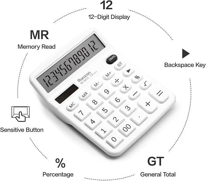 Basic Office Desktop Calculator - 12 Digit, Large LCD Display, Sensitive Buttons for White Office Supplies and School Supplies