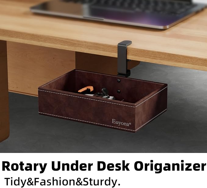 Mesh Hidden Desk Organizer with Swivel Drawer, Heavy-Duty C-Clamp Mount for Office Supplies, Art Tools & Pencil Storage – Easy Install Desktop Accessories (Coffee)