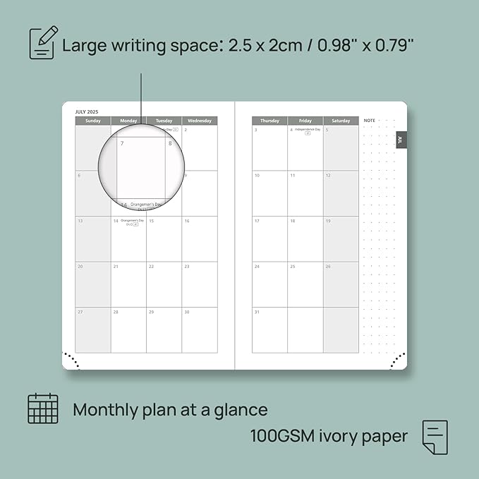 POPRUN Planner 2025-2026 Weekly Notebook for Purse(Pocket Size 4''x 6.25'') Small Academic Calendar (JUL.25 - JUN.26) with Monthly Tabs, Leather Soft Cover, Inner Pocket, 100 GSM - Petrol Green