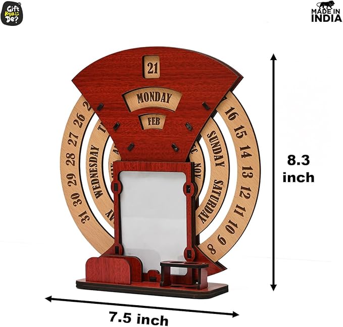 GKD Wooden Desk/Table Calendar to Lifetime Infinite Calendar 2025 with Desk Organizer and Photo Frame for Office/Home (‎Red)