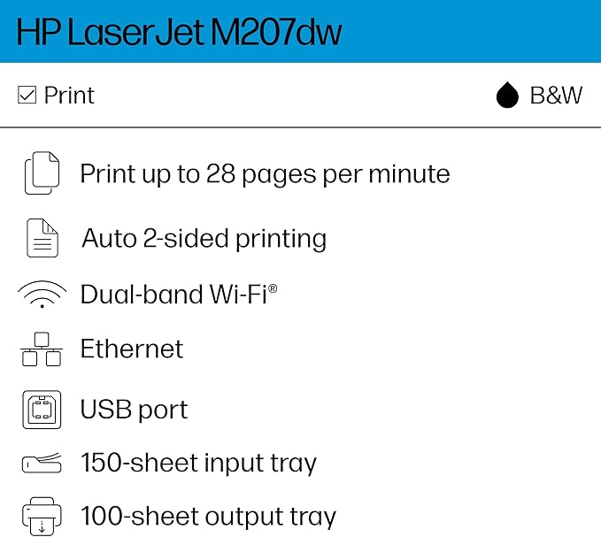 HP Laserjet M207dw Laser Wireless Printer, Black and White, Duplex, Best for Office