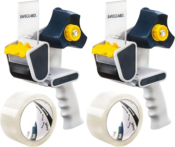 Excell EC-206 Safeguard Packing Tape Dispenser (2" Wide): Retractable Blade Cover for Safety, Push Flap for Smooth Cutting, and one-Hand use. Ideal for Shipping and Carton Sealing.(2Pack)