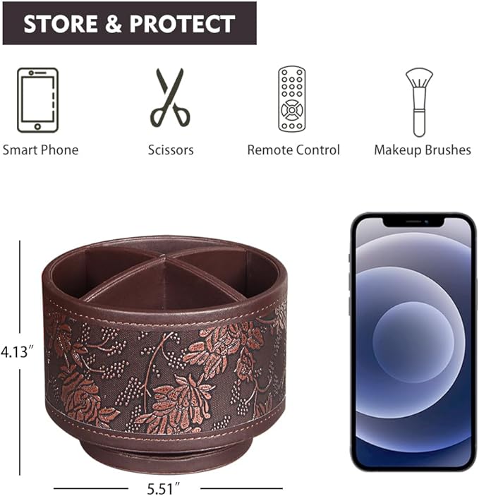 360° Rotating Pen Holder for Desk, Leather Pencil Pen Organizer Remote Control Holder Table Desktop Nightstand Organizer Caddy Storage, Office Desk Organizers And Accessories 5.5x5.5x4.0 Inch