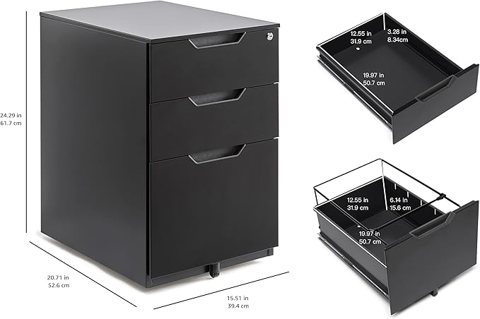 Amazon Basics 3 Drawer Mobile File Cabinet With Lock, Black, 20.71" D x 15.51" W x 24.29" H