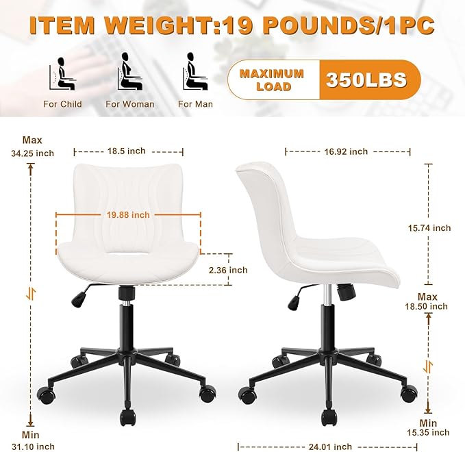 Office Chair, Armless Desk Chair with Wheels, Ergonomic Comfy Home Office Computer Task Chairs, Faux Leather Padded Cute Vanity Chair, Adjustable Height Swivel Chair with Back,White