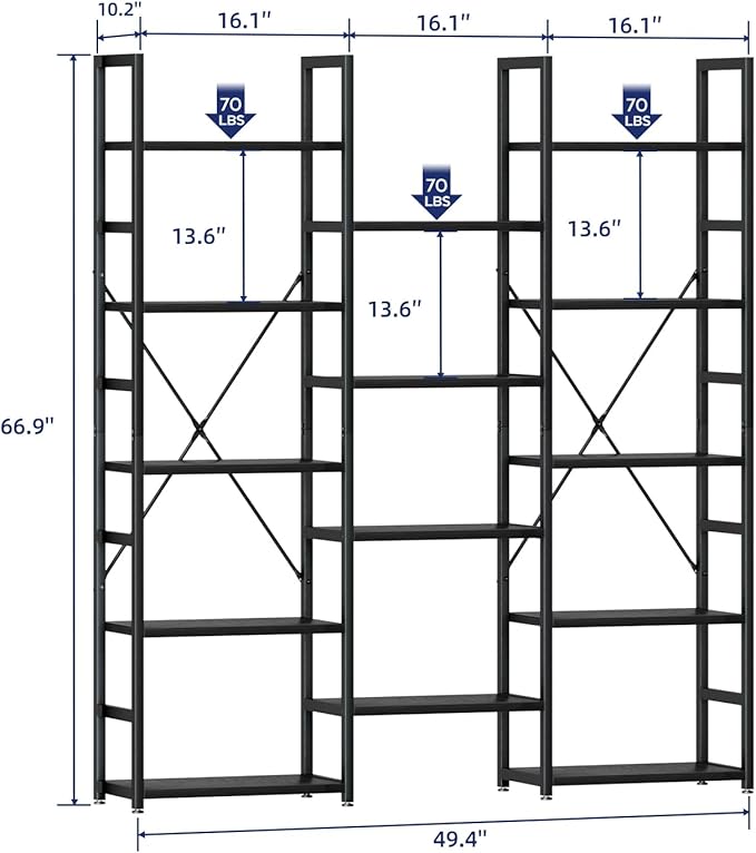 NUMENN Triple Column 5 Tier Bookshelf, Bookcase with 14 Open Display Shelves, Adjustable Rustic Industrial Style Book Shelves, Modern Bookshelves for Bedroom, Living Room and Home Office, Black