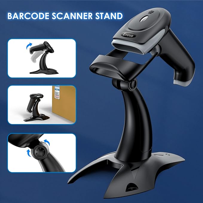 Eyoyo 2D 1D Wireless Barcode Scanner with Stand, 3-in-1 Barcode Reader 2.4G Wireless & Bluetooth & Wired USB Connection, Handheld QR Code Scanner for iPhone, Mac, Android, Store, Warehouse, Library