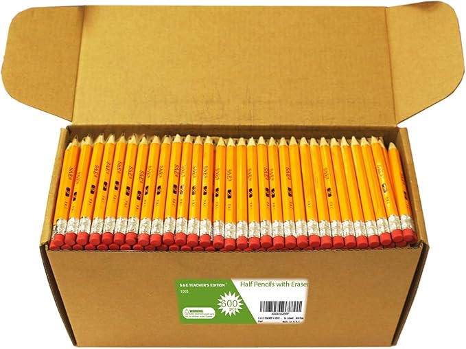 S & E TEACHER'S EDITION 600PCS 4'' Golf Pencils Pre-sharpened, Break-Resistant Lead No. 2 Half Pencils with Eraser Tops, 2 HB pencil, Back to school, 600/Box.