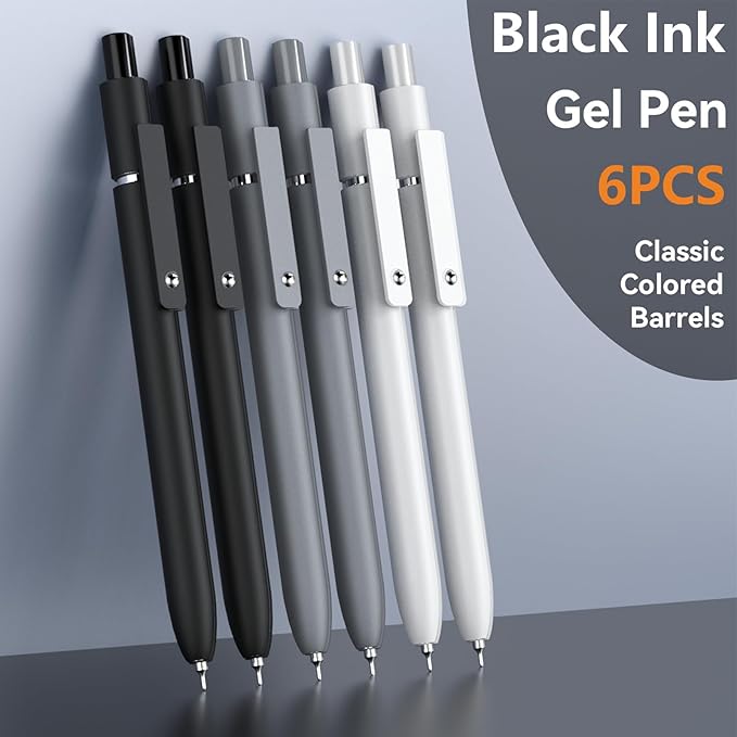 Gel Pens, 6 Pcs 0.5mm Fine Point Black Ink Pen With Smooth Writing, Office Desk Accessories, School Supplies Gifts for Men Women, Quick Dry Pens For Journaling, Black/Gray/White