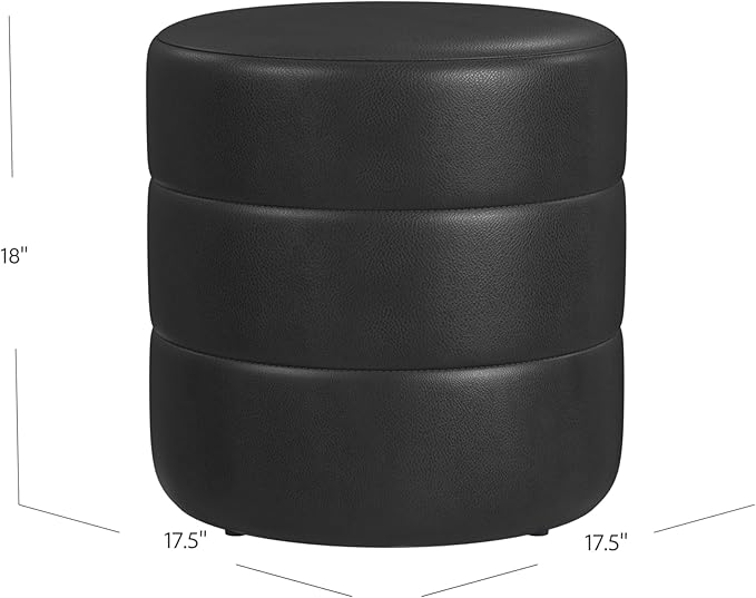 HomePop Upholstered Faux Leather Round Ottoman Home Décor|Foot Rest Ottoman- Black Faux Leather