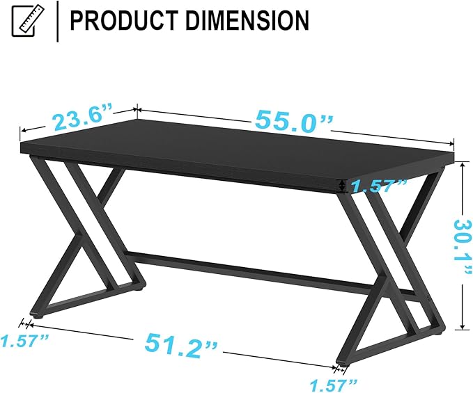 LVB Black Computer Desk, Modern Gaming PC Writing Desk for Home Office, Metal Computer Study Work Table for Bedroom, Industrial Executive Student Simple Workstation Desk, 55 in, Black Oak