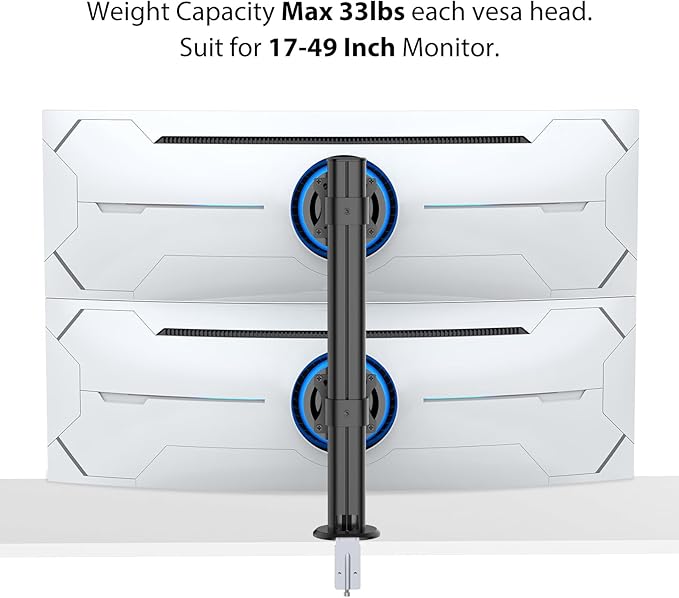 BEWISER Dual Monitor Stand Desk Mount- Vertical Heavy Duty Monitor Riser Fits Two 17 to 49 Inch Screen with Swivel, Tilt, Height Adjustable,weight capacity up to 33 lbs，BL200-B