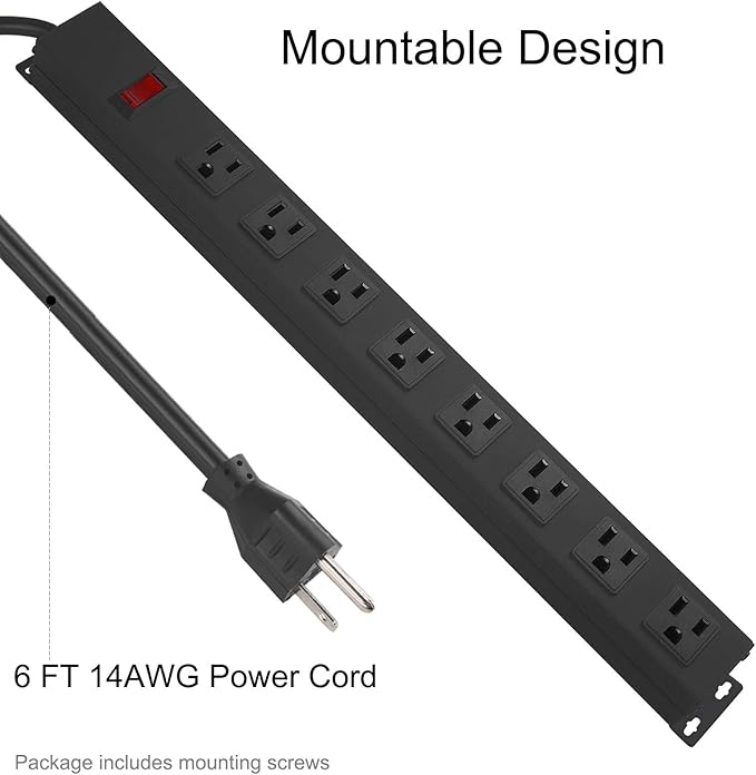 2Pack Metal 8 Outlet Mountable Power Strip, Wall Mount Outlet Heavy Duty, Wide Spaced Commercial Shop Power Strip with Switch, 6 FT SJT 14AWG Power Cord.