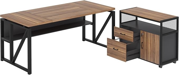 Tribesigns 63" Executive Desk with Reversible File Cabinet, Large L-Shaped Office Desk with Drawers, Business Furniture Workstation for Home Office