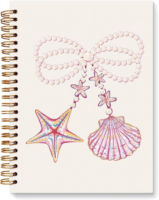 JXREQ Preppy Cute Pink Bow Seashell Starfish Journal Notebook for Women Note Taking Writing, Coquette Journal School Office Supplies, Girly Spiral Notebooks 5.5x8.3