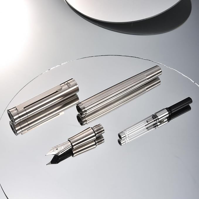 Hongdian T1 Titanium Fountain Pen, Iridium Fine Soft Nib Chinese Knot Carving with Converter and Metal Case Set