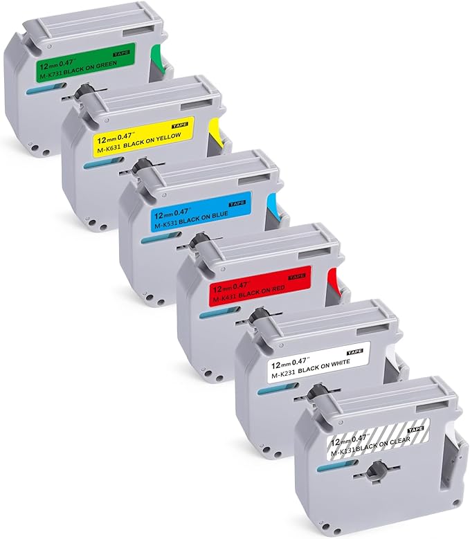 6Pk P Touch M Tape Work with PT-65 PT-70 PT-70BM PT-M95 PTM95 Replace with Brother P Touch M Tape 12mm 0.47 M-K 131 M-K231s 431s 531s 631s 731s for Brother PTouch PT-45 PT-80 PT-90,8m 26.2ft