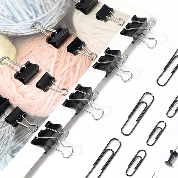 Paper Clips and Binder Clips Set, Metal Assorted Sized Binders with Push Pins, Black Office Supplies for Desk, Durable Desk Accessories