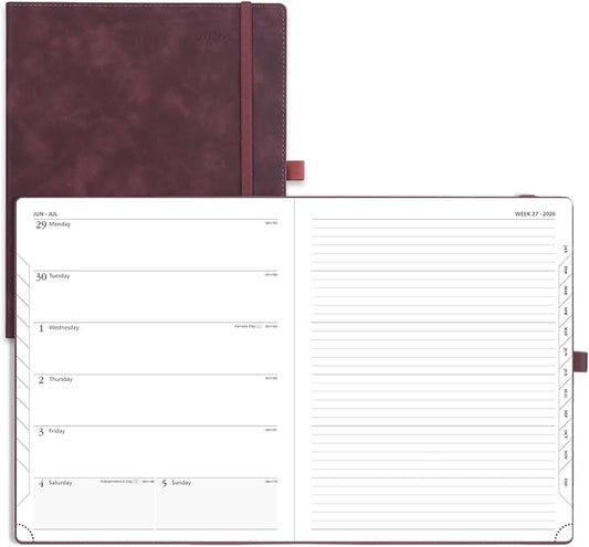 POPRUN Weekly Planner 2026 (Large 8.5" x 10.5") Calendar 12 Months Notebook with Horizontal Layout, Leather Soft Cover, Monthly Tabs, Inner Pocket, 100GSM Thick Paper, Pen Holder - Claret