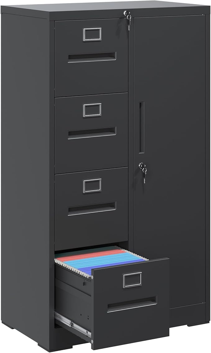 Filing Cabinets with Locks, 4 Drawers Cabinets Storage Units for Home Office, Black File Cabinet for Hanging File Folders Letter/Legal/A4/F4 Size (Easy Assemble)