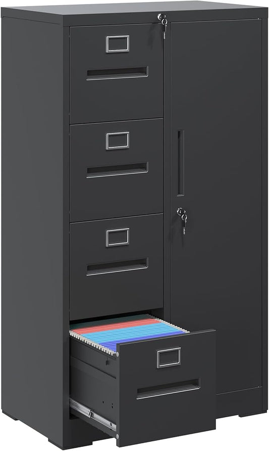 Filing Cabinets with Locks, 4 Drawers Cabinets Storage Units for Home Office, Black File Cabinet for Hanging File Folders Letter/Legal/A4/F4 Size (Easy Assemble)