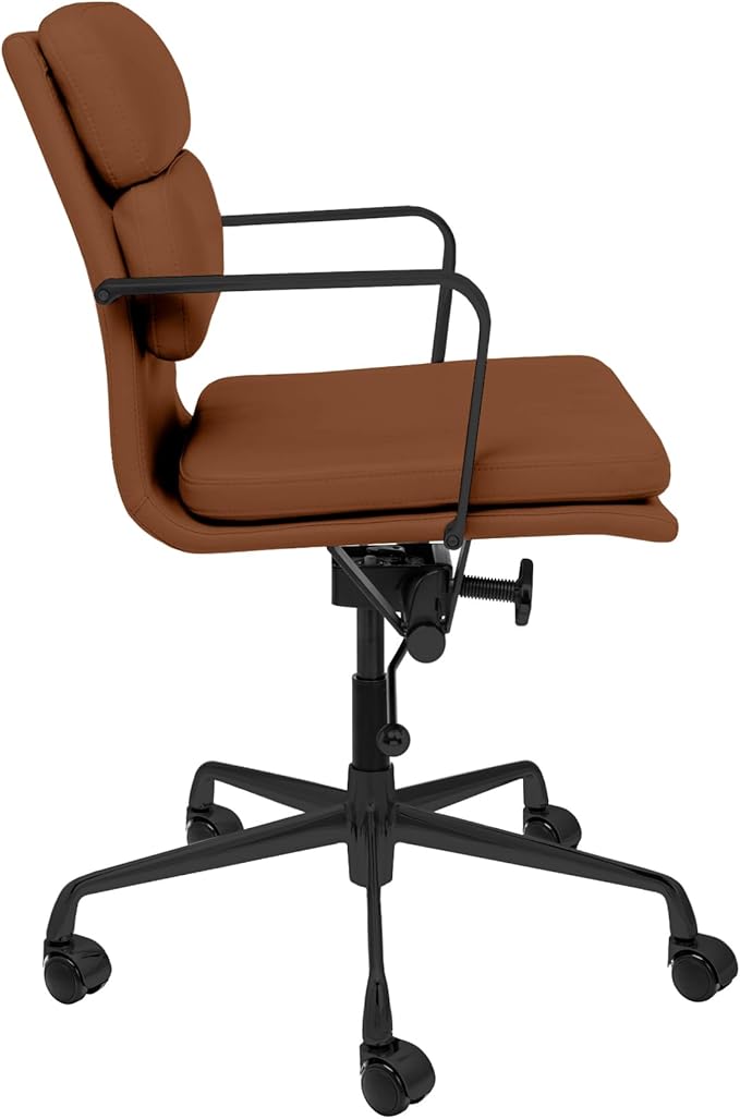 Laura Davidson Furniture SOHO II Padded Management Office Chair - Mid Back Desk Chair with Arm Rest, Swivel & Cushion Availability, Made of Faux Leather, Brown with Black Frame, Computer Chair