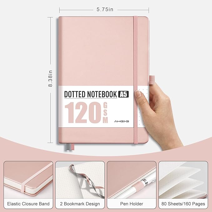 AHGXG Bullet Dotted Journal - Dot Grid Notebook Journal, 120 GSM Thick Acid-Free Paper, A5 Dotted Notebook 160 Pages, Leather Hardcover, Inner Pocket, Journal Stencil, 5.7'' × 8.3'' - Rose Gold