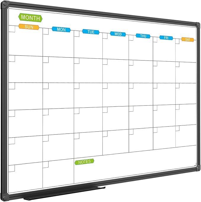 JILoffice Dry Erase Calendar Whiteboard - Magnetic White Board Calendar Monthly 36 X 24 Inch, Black Aluminum Frame Wall Mounted Board for Office Home and School