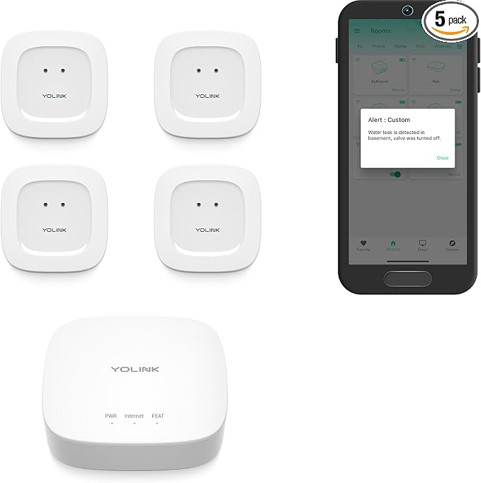 YoLink Smart Home Leak Detection Starter Kit – Hub + 4 Water Leak Sensors