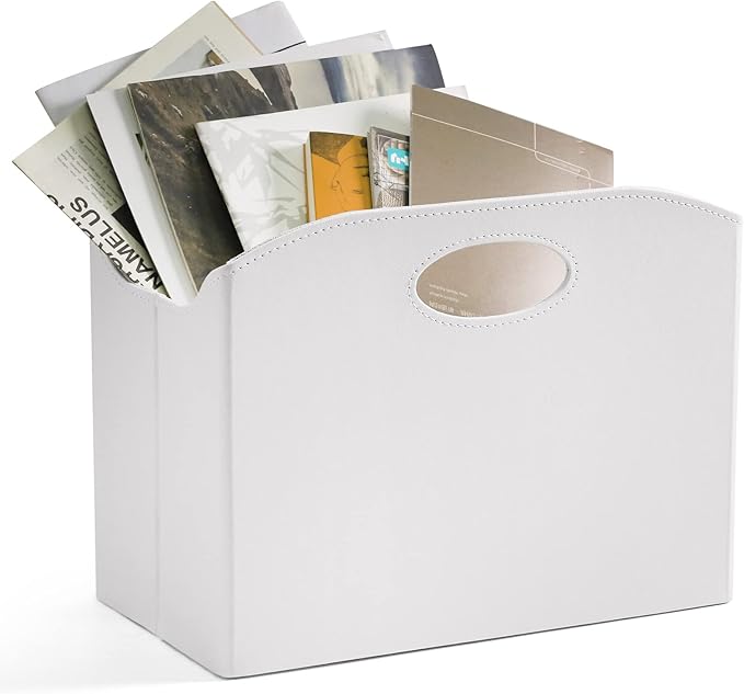 EZDeco Magazine Holder Foldable Magazine Rack Floor PU Leather File Holder Newspaper Book Storage Basket Document File Folder Organizer for Office Home (White-1)