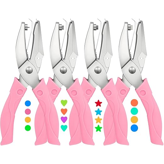 4 Pack Handheld Hole Paper Punch Kit,Single Hole Punch, Heart and Star Hole Punch, Rubber Handled