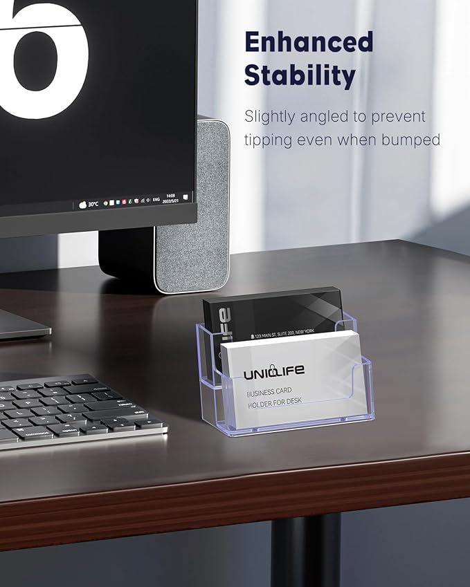 Uniclife 4 Pack Acrylic Business Card Holder for Desk 2 Slots Clear Business Card Display Stand for Men & Women Desktop Business Card Organizer Card Stand for Office Home Exhibition, 120 Card Capacity