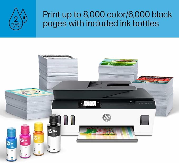 HP Smart -Tank Plus 651 Wireless All-in-One Ink -Tank Printer, up to 2 Years of Ink in Bottles, Auto Document Feeder, Mobile Print, Scan, Copy,, Fax, Works with Alexa (7XV38A)