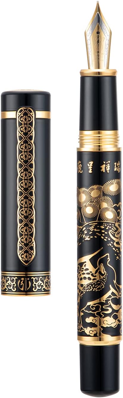 Hongdian 8037 Chinese Classical Fountain Pen, Iridum Extra Fine Gold Nib with Chinese Deer Totem Design, Smooth Writing Pen with Ink Converter and Metal Pen Box Set