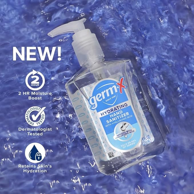 Germ-X Hand Sanitizer, Hydrating with Hyaluronic Acid, 8 Fl Oz Pump (Pack of 6) Instant & No Rinse Formula for All Skin Types, Back to School Supplies, Formulated without Parabens, Phthalates & Dyes